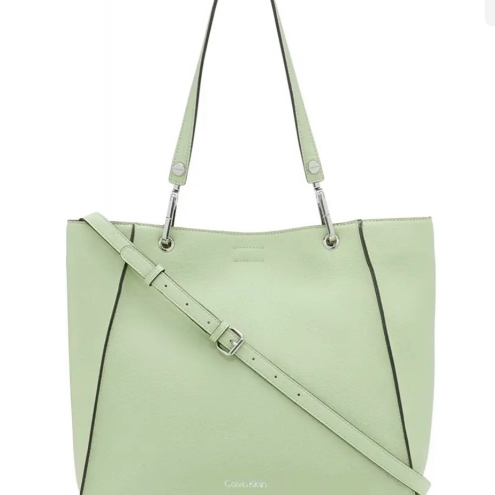 Calvin Klein Reyna XL Tote North/South Pebble Leather Crossbody Cucumber Green